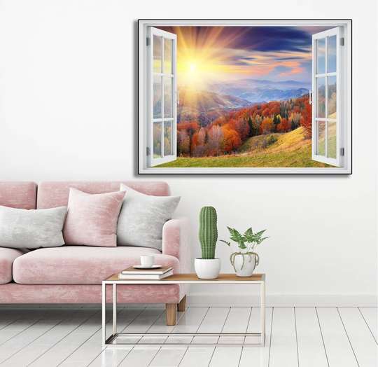 Наклейка на стену - 3D-окно с видом на разноцветный лес в горах, 130 х 85