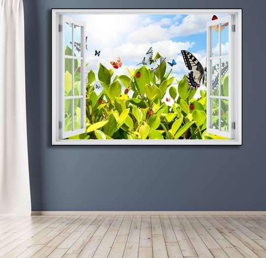 Stickere pentru pereți - Fereastra 3D cu vedere spre o grădină cu flori, 130 х 85