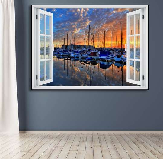 Wall Sticker - 3D window with sunset port view
