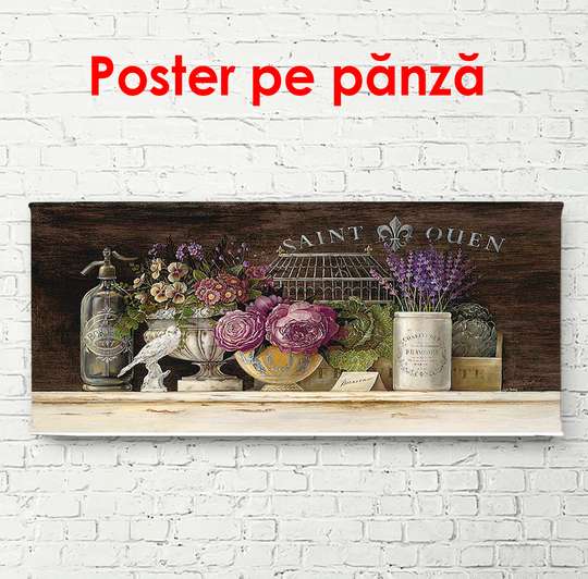 Постер - Цветочный натюрморт на полке, 90 x 45 см, Постер в раме