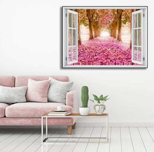 Stickere pentru pereți - Fereastra 3D cu vedere spre o alee cu flori roz, 130 х 85