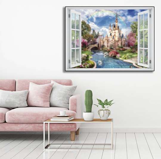Wall Sticker - 3D window with a view of the castle surrounded by swans