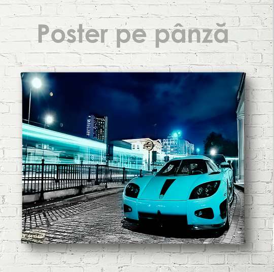 Poster, Mașină sport albastră, 45 x 30 см, Panza pe cadru