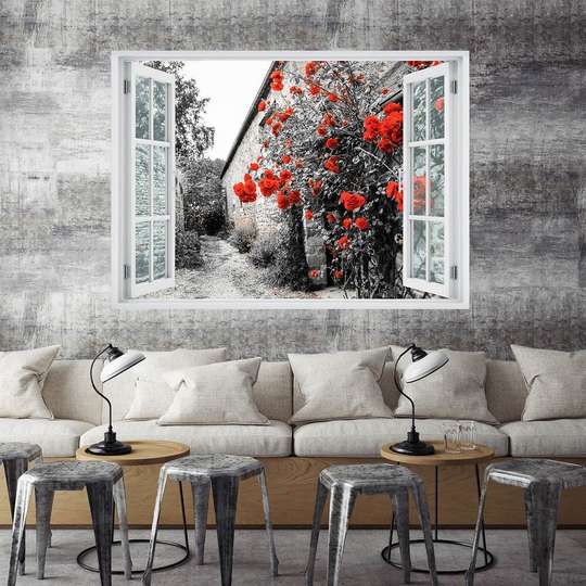 Наклейка на стену - 3d-окно с видом на черно-белый город с красными розами, Имитация окна, 130 х 85