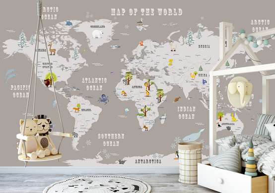 Wall mural in the nursery - Children's map of the world with animals