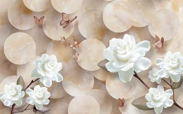 Фотообои - Белые цветы и бабочки на трехмерном фоне