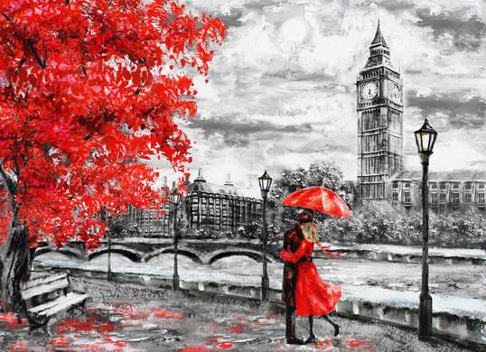 Modular picture, Loving couple in rainy autumn London, 198 x 115