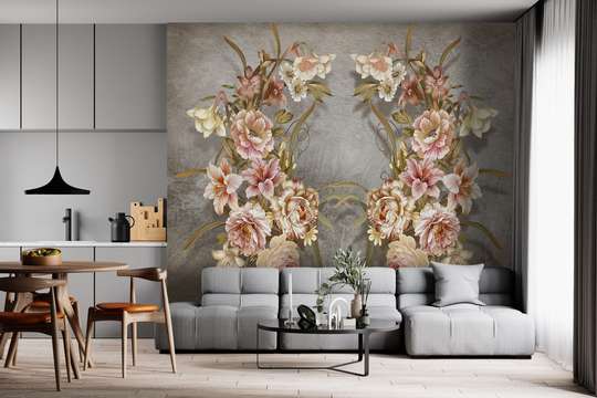 Wall Mural - Wreath of delicate flowers on a gray background