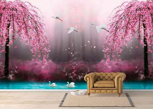 Wall Mural - Fabulous pink forest with blue water.