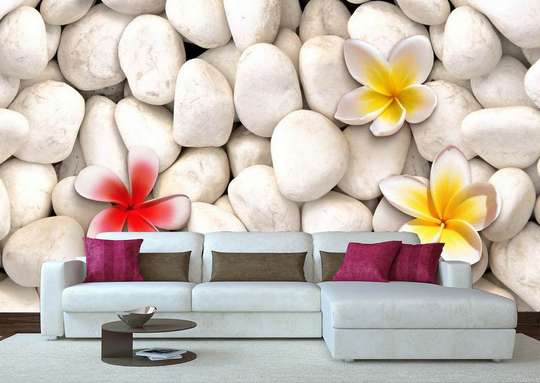 Wall Mural - Yellow flowers on white stones