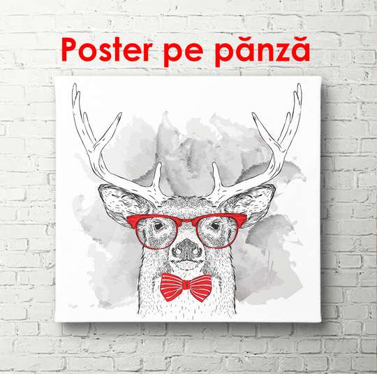 Постер - Олень с красными очками на белом фоне, 100 x 100 см, Постер в раме, Минимализм