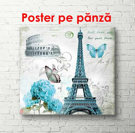 Poster - Eiffel Tower with blue butterflies, 100 x 100 см, Framed poster, Provence