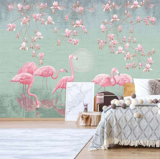 Wall Mural - Pink flamingos and magnolia flowers on a pale green background