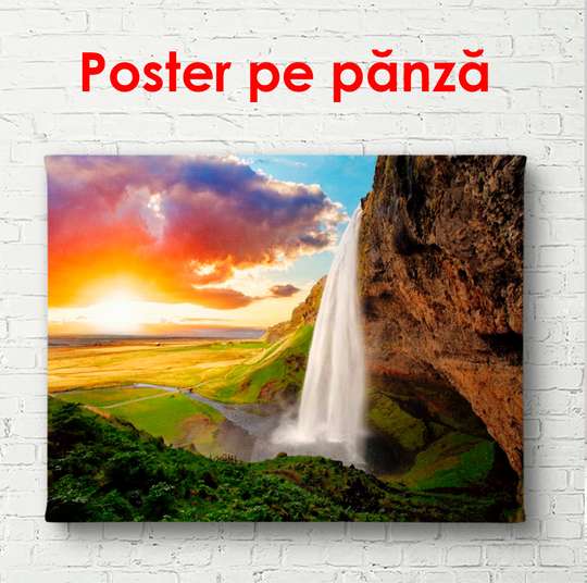 Poster - Waterfall on the background of mountains and sunset, 90 x 60 см, Framed poster, Nature