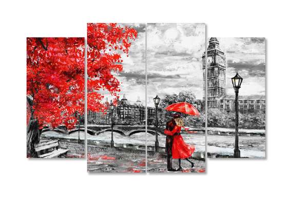 Modular picture, Loving couple in rainy autumn London, 198 x 115