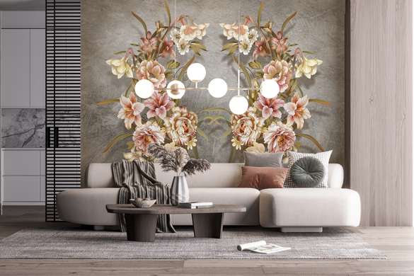 Wall Mural - Wreath of delicate flowers on a gray background