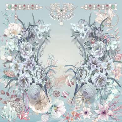 Wall Mural - Wreath of delicate flowers on a blue background