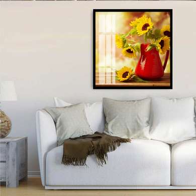Poster - Buchet de floarea-soarelui într-o vază roșie, 40 x 40 см, Panza pe cadru