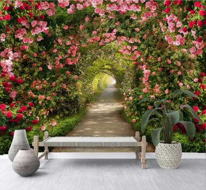 Фотообои - Тропинка в саду из роз