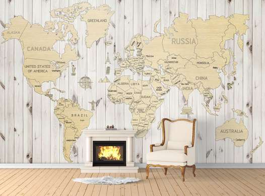Fototapet - Harta lumii pe perete din lemn