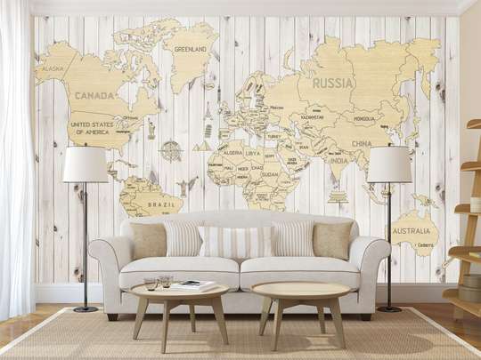 Fototapet - Harta lumii pe perete din lemn