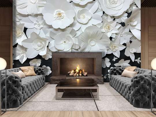 Wall Mural - White flowers on a black background