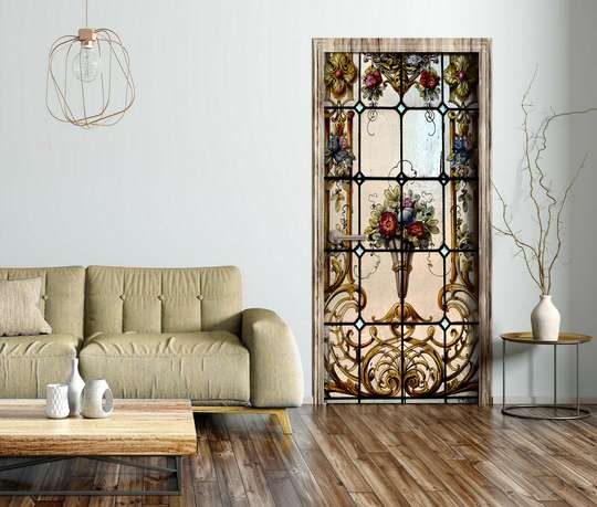 Window Privacy Film, Decorative vintage style stained glass window with flowers, 60 x 90cm, Transparent