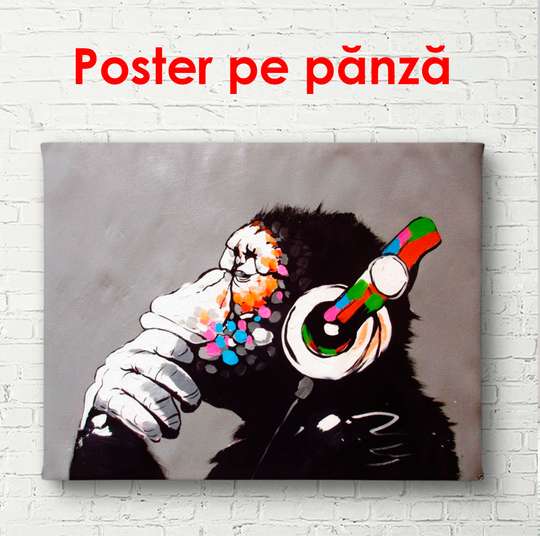 Постер - Обезьянка с наушниками на черном фоне, 90 x 60 см, Постер в раме, Гламур