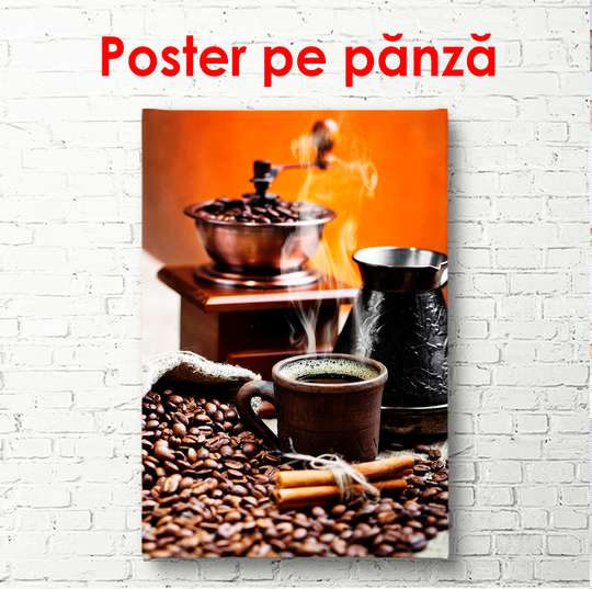 Poster - White cup with hot coffee on the background of an orange wall and a coffee grinder, 45 x 90 см, Framed poster, Food and Drinks