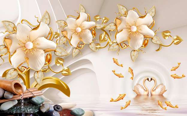 Wall Mural - Porcelain flowers with swans and goldfish