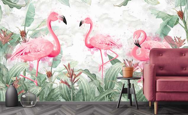 Фотообои - Фламинго в зеленых растениях
