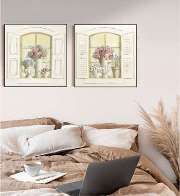 Poster - Ferestre cu flori, 80 x 80 см, Poster inramat pe sticla, Seturi