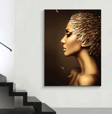 Постер - Девушка с золотыми перьями 1, 30 x 60 см, Холст на подрамнике