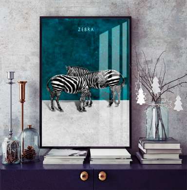 Poster, Zebre pe un fundal turcoaz, 30 x 45 см, Panza pe cadru