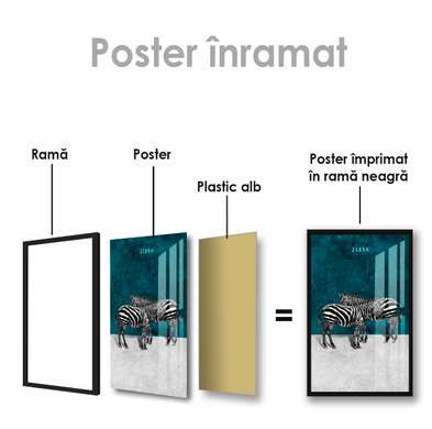 Poster, Zebre pe un fundal turcoaz, 30 x 45 см, Panza pe cadru