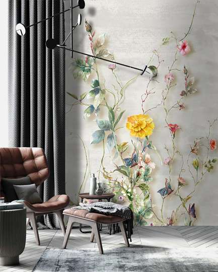 Wall Mural - Twigs of delicate flowers and butterflies