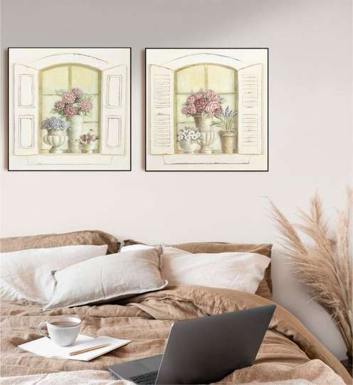 Постер - Окна с цветами, 80 x 80 см, Постер на Стекле в раме, Наборы