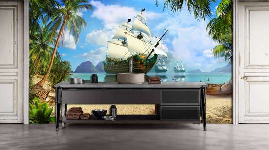 Wall Mural - Pirate ship on the shore of a tropical island