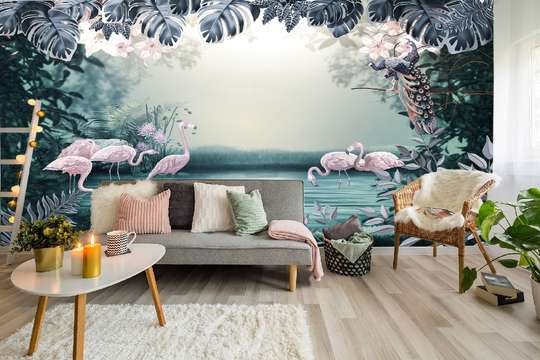 Wall Mural - Tropical landscape with flamingos by the lake