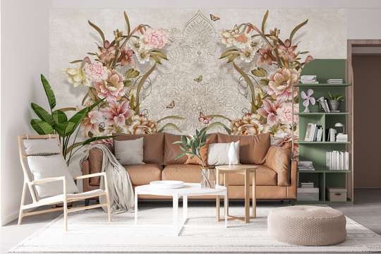 Wall Mural - Wreath of flowers on a beige background