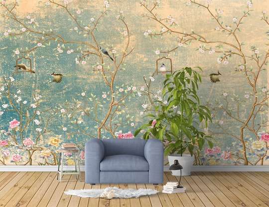 Wall Mural - Birds on the branches of a spring tree