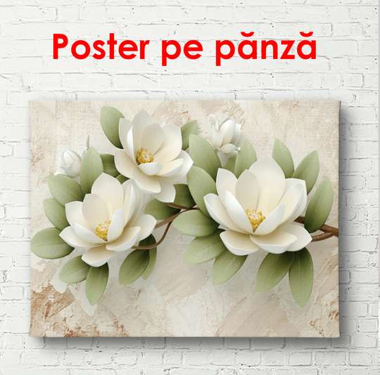 Poster - White large flowers with green leaves on a beige background, 90 x 60 см, Framed poster, Botanical