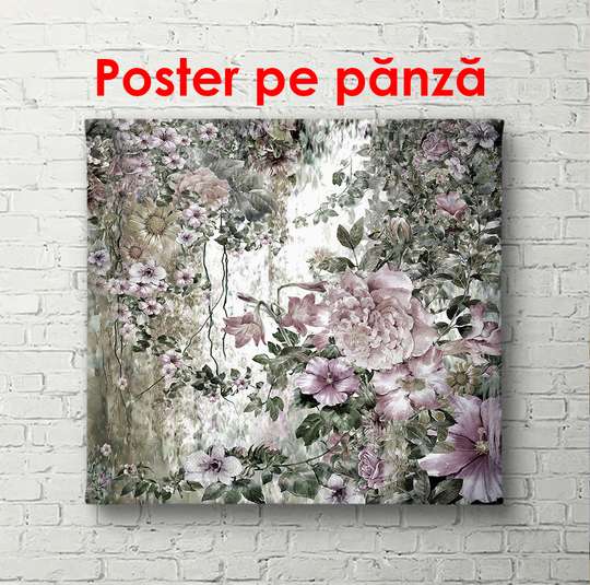 Постер - Розовые цветы на фоне ботанического парка, 100 x 100 см, Постер в раме, Ботаника