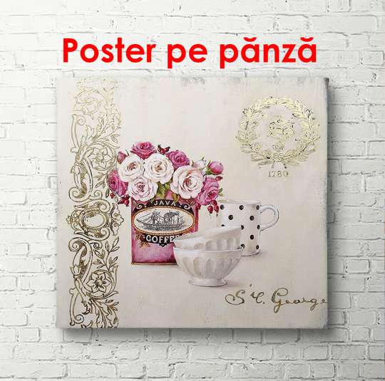 Постер - Белые чашки на фоне букета с розовыми цветами, 100 x 100 см, Постер в раме, Прованс