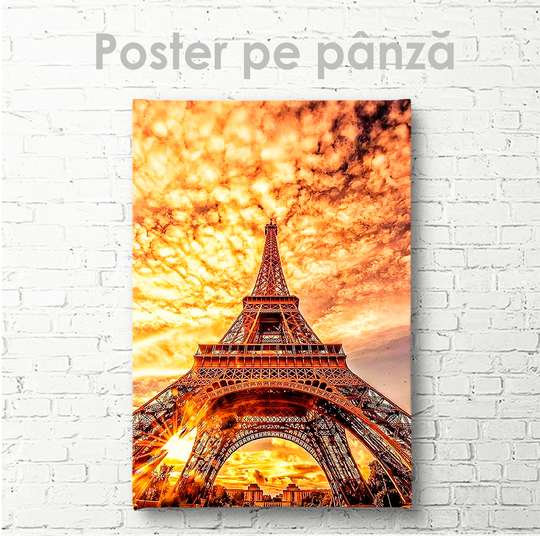 Poster - Eiffel Tower against the backdrop of a fiery sunset, 30 x 45 см, Canvas on frame, Maps and Cities