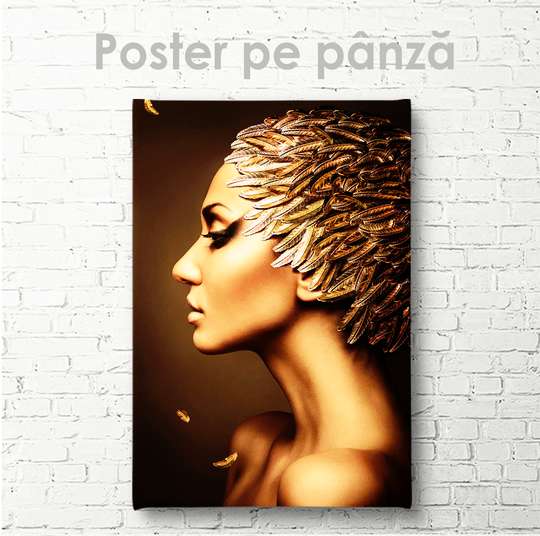 Постер - Девушка с золотыми перьями 1, 30 x 60 см, Холст на подрамнике, Гламур