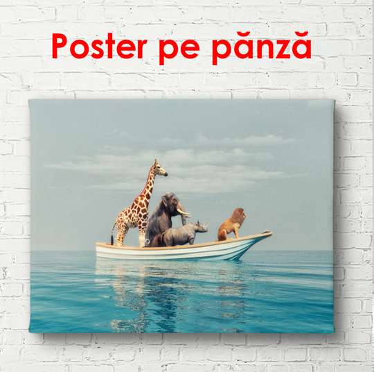 Постер - Африканские животные плывут на льдине, 90 x 60 см, Постер в раме, Фэнтези