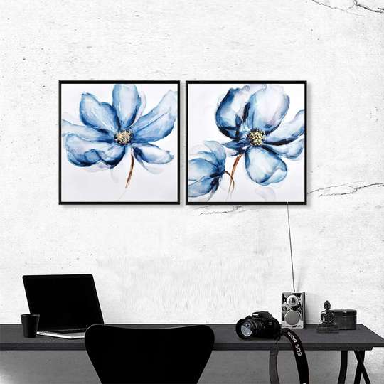 Постер - Голубой цветок, 80 x 80 см, Постер на Стекле в раме, Наборы