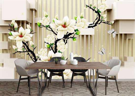 3D Wallpaper - Cream flowers on 3D background