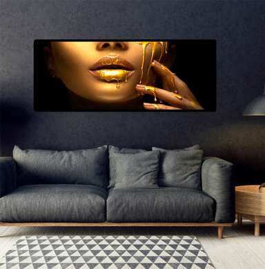 Poster - Buze și picături de aur, 90 x 30 см, Panza pe cadru